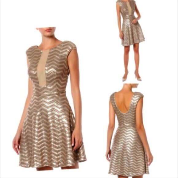 BEBE Frosty Zig-Zag Sequin Sleeveless Flare Party Dress Sz S Gold #167D - Picture 1 of 14